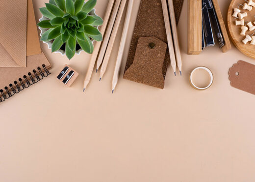 stationery on beige background