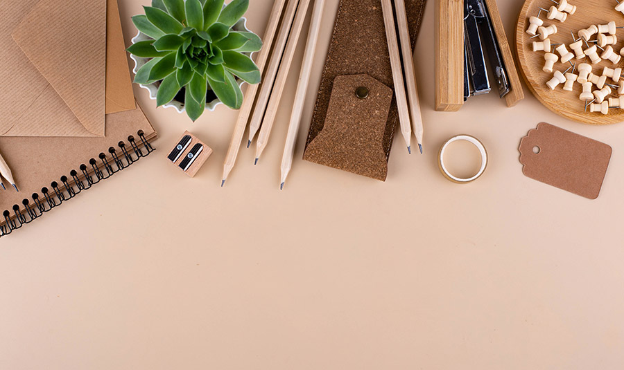 stationery on beige background